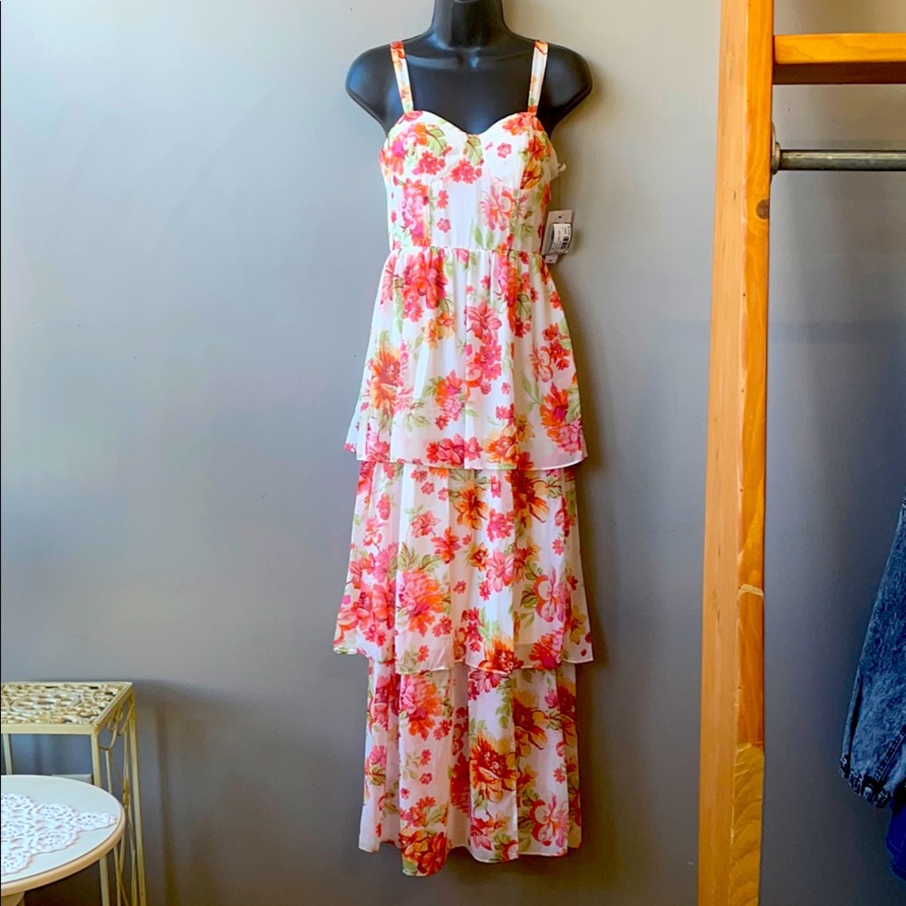 By & By Orange Floral Tiered Corset Midi Dress